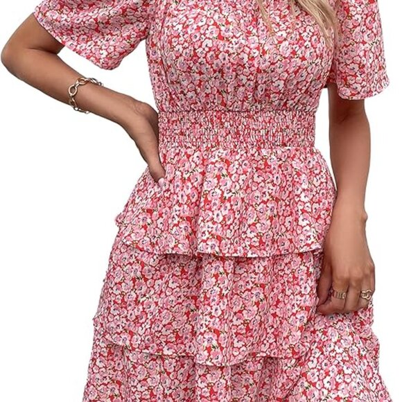 PRETTYGARDEN Women's Floral Summer Short Dress Square Neck Short Sleeve Tiered - Picture 3 of 3